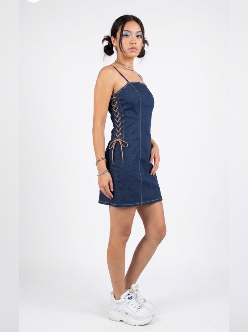 Vintage Dark Wash Denim Midi Dress Lace Up Minimalist Y2K 90’s Baddie Bratz
